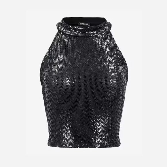 Express Dot Sequin Halter Neck Cropped Tank Black Size Small, Large, XL NWT - Picture 5 of 13
